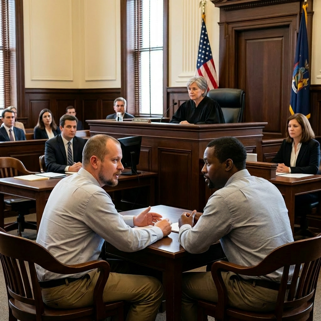 Defendant speaking with a sign language interpreter in a courtroom before a judge
